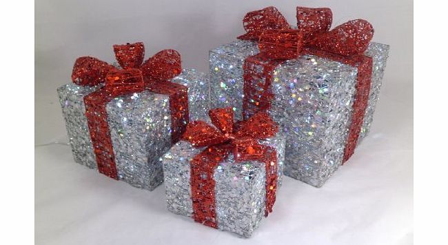 CHRISTMAS CONCEPTS Set of 3 -Red and Silver Sequin Decorated Christmas Light Up Parcel Set