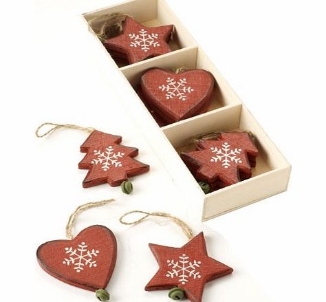 Christmas Direct Box of 12 Wooden Heart, Star amp; Tree Christmas Decorations