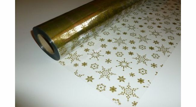 10m x 80cm Christmas Snowflake (Gold) Cellophane Gift Wrap. Florist Quality Bouquet / Gift / Hamper / Basket Wrapping
