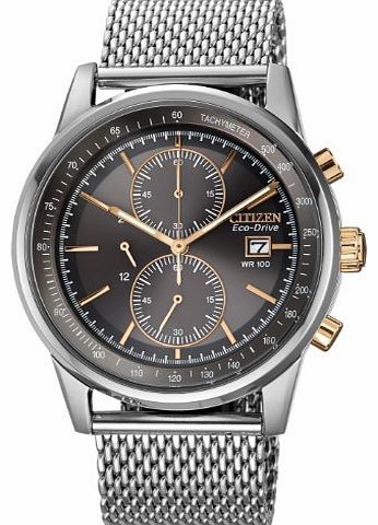 Citizen Watch Mesh Mens Quartz Watch with Grey Dial Chronograph Display and Silver Stainless Steel Bracelet CA0336-52H