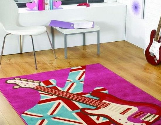 Girls Rock pink guitar rug, 120x160cm. Retro UK MAINLAND POSTAGE ONLY