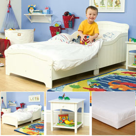 Toddler Bed and Bedside Table, with Pelynt Ventiflow Mattress - SAVE andpound;15