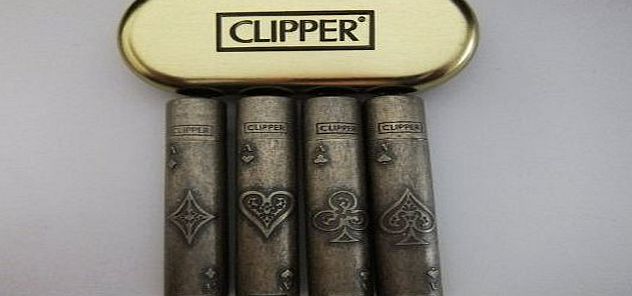 Clipper Vintage Look Metal Clipper Ace Of Spades/Hearts/Clubs/Diamonds Gas Lighters Complete With Gold Colour Metal Case by Clipper