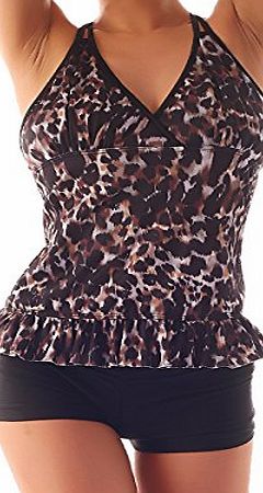 Cloris Murphy Womens Halter Neck Tankini Top with Shorts Swimwear (2 piece) (L, Leopard)