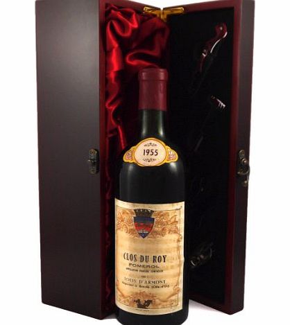 Clos du Roy 1955 Clos du Roy Pomerol Vintage Wine presented in a silk lined wooden box with four wine accessories