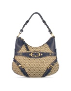 Coccinelle Logoed Beige and Blue Canvas and Leather Hobo Bag