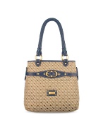 Coccinelle Logoed Beige and Blue Canvas and Leather Tote Bag