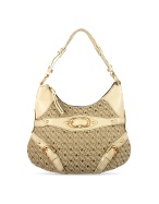 Coccinelle Logoed Beige and Ivory Canvas and Leather Hobo Bag