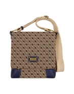 Coccinelle Logoed Brown Canvas and Blue Leather Flap Shoulder Bag