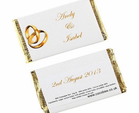 4 x Personalised Chocolate Bars - Gold Wedding Bands design - Wedding/Party Favours - Each bar measures 5.5cm x 3.5cm and weighs 10g