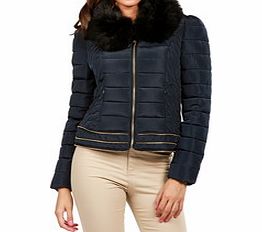 Navy faux fur collar quilted jacket