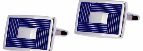 Base Metal Rhodium Plated Rectangular Cufflinks with Blue Enamel Border Design