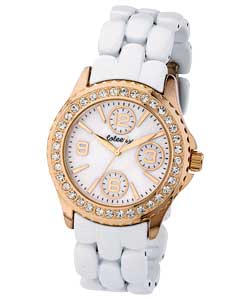 X Ladies White Bracelet Rose Gold Round Dial Watch