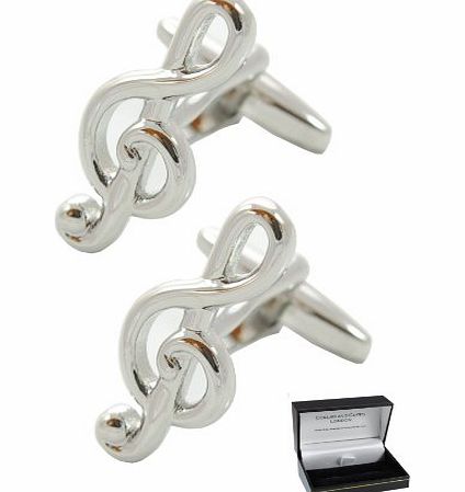 COLLAR AND CUFFS LONDON  - Classic Treble Clef Musical Cufflinks - High Quality Solid Brass - Silver Colour - Presentation Gift Box Included - Music