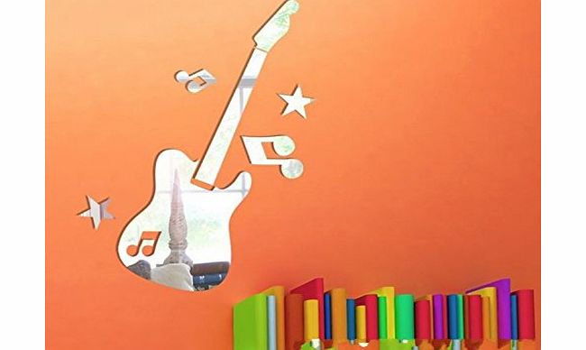 ColorfulHall Mirror Silver Creative guitar with music note little star MirrorFashion Modern Design Removable DIY Acrylic 3D Mirror Wall Decal Wall Sticker Decoration
