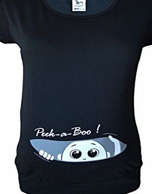 Maternity Pregnancy size 10 - 20 Cotton Peek a boo Print Top Tunic T-Shirt White Black Blue Teal Green (L, Black)