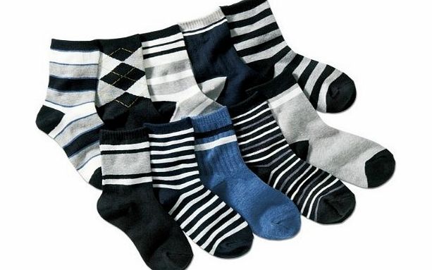 Colourful Baby World Kids Boys 10-Pack Black Grey Navy Stripe Socks (Age 3 to 8) - MEDIUM (age 3 4 5)