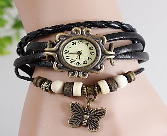 Come2Buy BeautyLife Vintage Bronze Womens Ladies Weave Wrap Leather Bangle Bracelet Quartz Watch (Black Butte