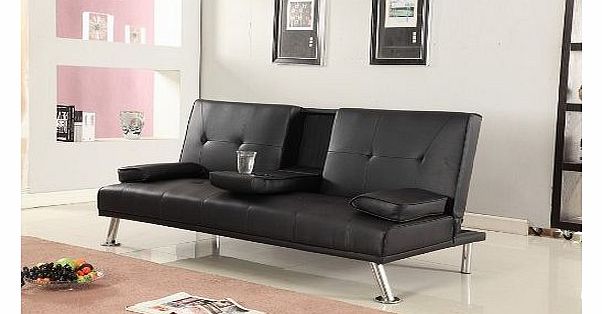Cinema Style Futon Sofabed With Drinks Table Sofa Bed Faux Leather in Black