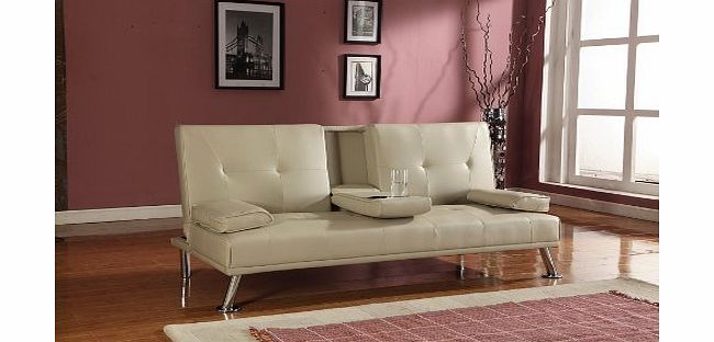Comfy Living Cinema Style Futon Sofabed With Drinks Table Sofa Bed Faux Leather in Cream