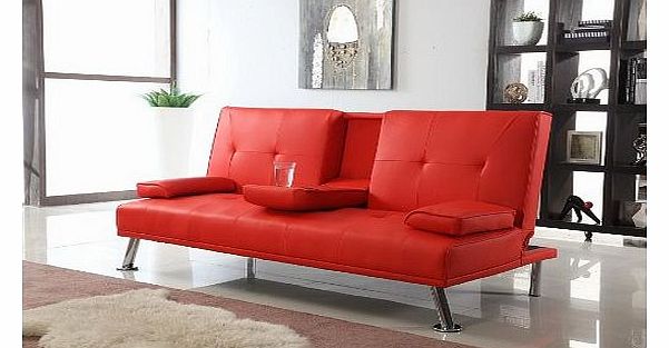 Comfy Living Cinema Style Futon Sofabed With Drinks Table Sofa Bed Faux Leather in Red