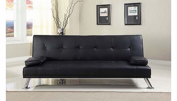 Large Stunning Italian Designer Faux Leather 3 Seater Sofa Bed Futon in BLACK
