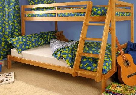 Comfy Living Triple Wooden Pine Bunk Bed 3ft amp; 4ft in Caramel finish with 2 Mattresses