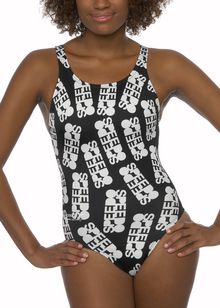 all over word medalist swimsuit