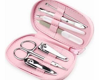 7 Piece Pink Manicure Set Nail Clippers Scissors Cuticle Pusher File Side Toe Tweezers & Compact Carry Case by Value Concepts