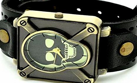 Conbays Vintage Skull Skeleton Genuine Leather Bracelet Quartz Wrist Watch Quartz Mens Gift Black