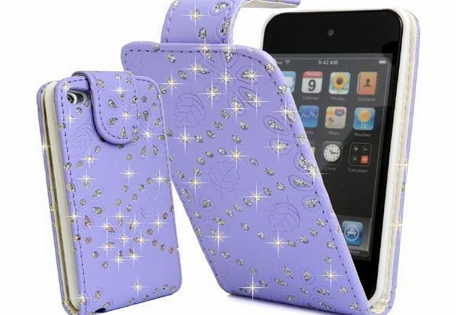 Ipod Touch 5 5th Gen Purple PU Leather Stylish Crystal Diamond Bling Flip Case Cover By Connect Zone
