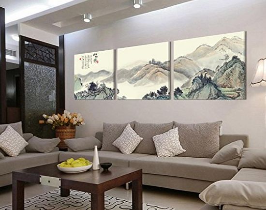 Contemporary Art Gallery Canvas Art-3 Piece Oriental Art Landscape Painting Split Canvas Picture of Art Wall Canvas Artwork, Framed, Ready to Hang, All Images on Large, Real Wood Frames #14-174