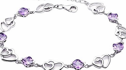 Contever Woman Elements Amethyst Heart-shaped Silver Bracelet Bangle Length: 18.5cm   4 cm Adjustable (Purple)