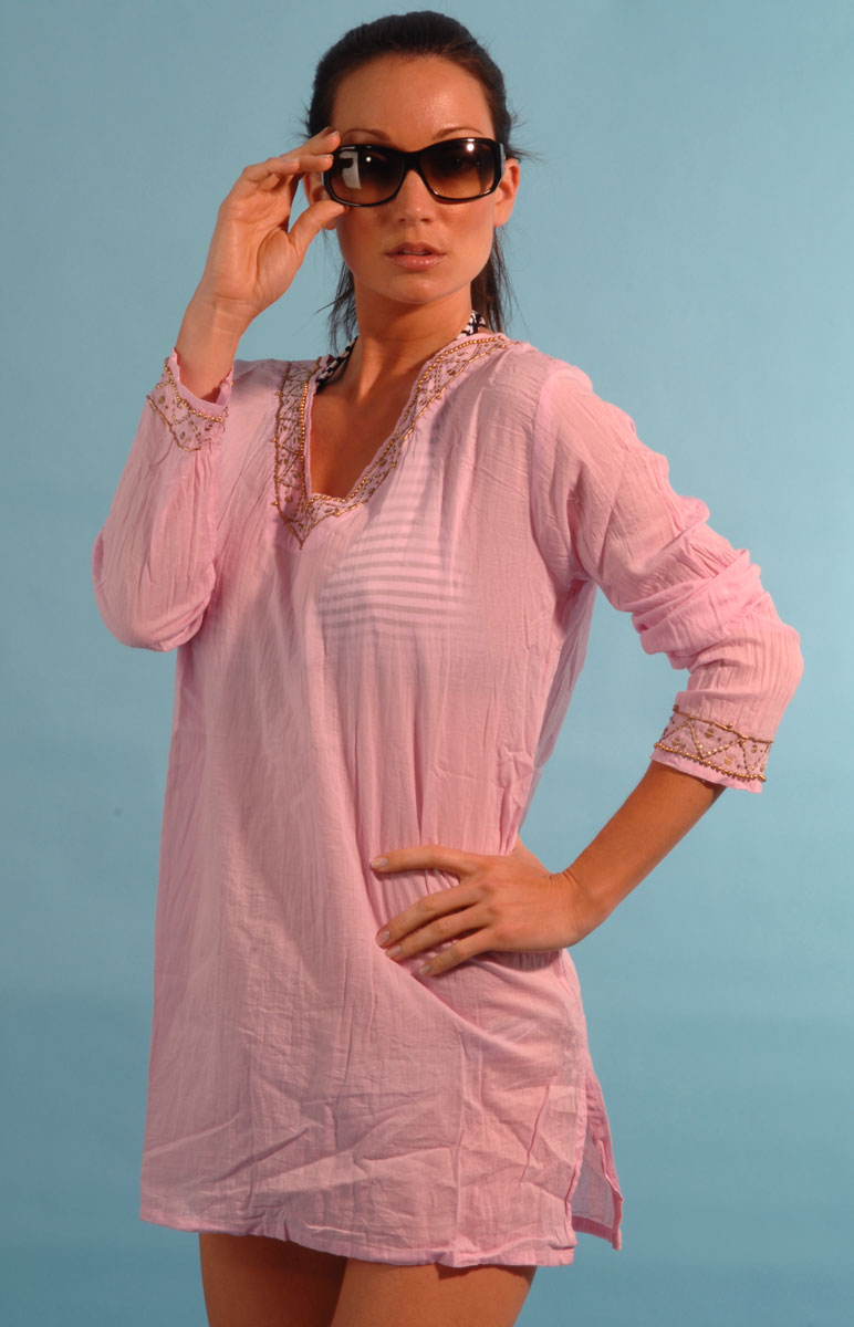 Pink/Turquoise Crinkle Cotton Kaftan by Continental