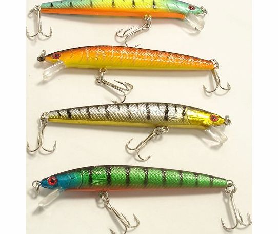 Conx2 Fish Pack of 4 Quality Action Minnow Lures 10cm. Sz.4 Sharp Carbon Steel Treble Hooks. Highly visible iridescent finish attracts predatory fish. Great lure for Bass, Pike, Mullet, Zander, Perch, Mackerel, 