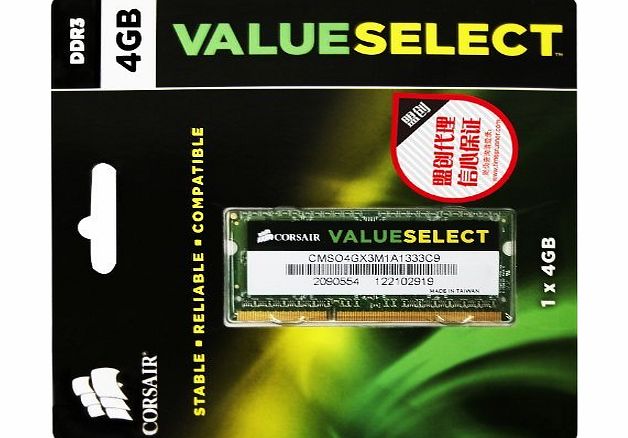 Corsair CMSO4GX3M1A1333C9 Value Select 4GB (1x4GB) DDR3 1333 Mhz CL9 Mainstream Notebook Memory Module