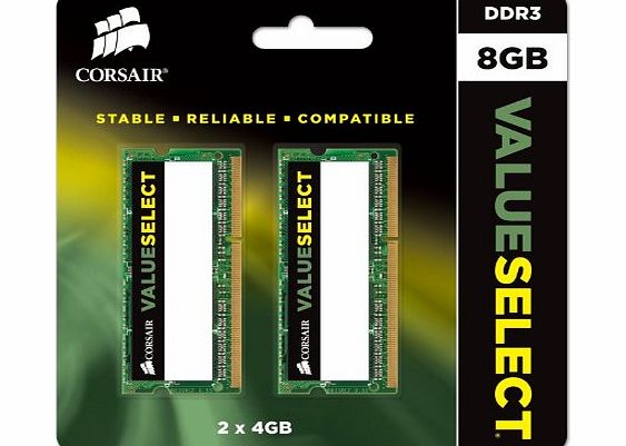 Corsair CMSO8GX3M2A1600C11 Value Select 8GB (2x4GB) DDR3 1600 Mhz CL11 Mainstream Notebook Memory Kit