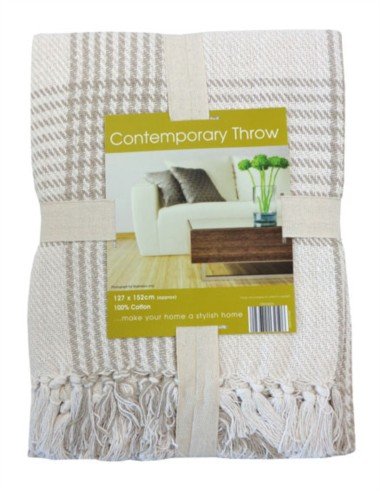 Country Club Contemporary Plaid Check Fringed Cotton Throw / Blanket: Natural - 127cm x 152cm: