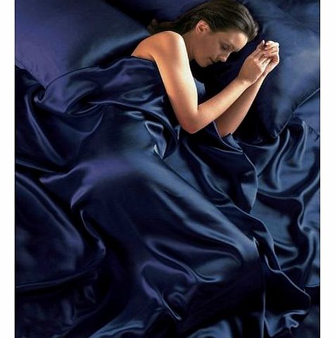 NAVY BLUE Satin King Size Bed Duvet Cover & Fitted Sheet Set