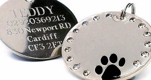 County Engraving Personalised 30mm Round Crystal and Black Paw Dog Pet ID Tag Disc Engraved.......TO LEAVE ENGRAVING DETAILS PLEASE READ PRODUCT DESCRIPTION LOWER DOWN THIS PAGE.
