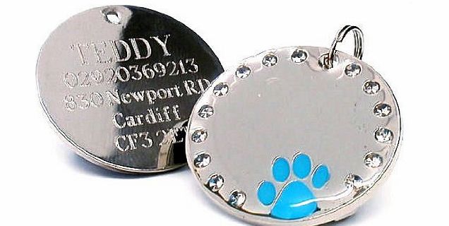 County Engraving Personalised 30mm Round Crystal and Blue Paw Dog Pet ID Tag Disc Engraved.......TO LEAVE ENGRAVING DETAILS PLEASE READ PRODUCT DESCRIPTION LOWER DOWN THIS PAGE.