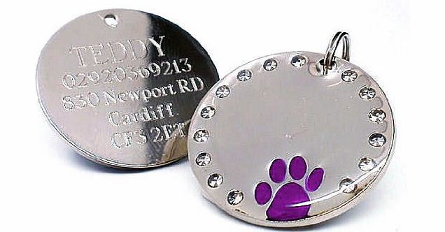 County Engraving Personalised 30mm Round Crystal and Purple Paw Dog Pet ID Tag Disc Engraved.......TO LEAVE ENGRAVING DETAILS PLEASE READ PRODUCT DESCRIPTION LOWER DOWN THIS PAGE.