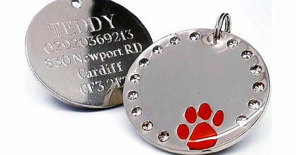 County Engraving Personalised 30mm Round Crystal and Red Paw Dog Pet ID Tag Disc Engraved.......TO LEAVE ENGRAVING DETAILS PLEASE READ PRODUCT DESCRIPTION LOWER DOWN THIS PAGE.