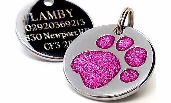 County Engraving Personalised Engraved 25mm Glitter Pink Paw Print Dog Pet ID Tag Disc