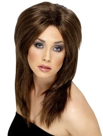 This wig has wavy chest-length brown hair and a 