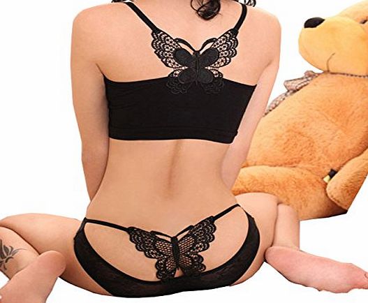 Coxeer Sexy Panties Jacquard Silk Hollow Embroidery Butterfly Women Lace T-back Lingerie G-string  Vest Bra Set