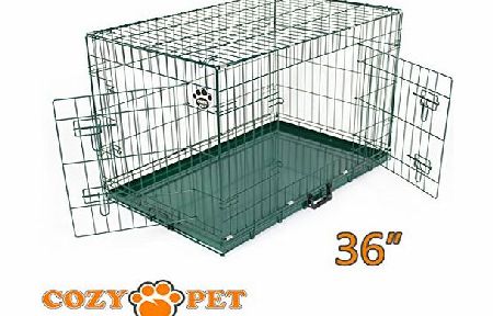 Cozy Pet Dog Puppy Cage Folding 2 Door Crate with Non-Chew Metal Tray Large 36 inch in our Exclusive Balmoral Green