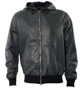 CP Company Navy Soft Leather Hooded Jacket
