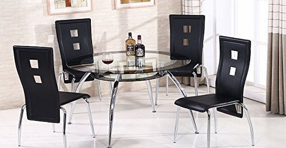 CRAVOG  Round Glass Dining Table Set  4 Black Faux Leather Modern Dining Chairs UK Stock (5PC ROUND DINING SET)