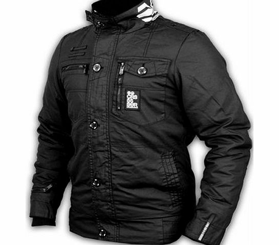 Mens Black Crosshatch Designer Military Style Winter Zip Up Jacket Coat Size L